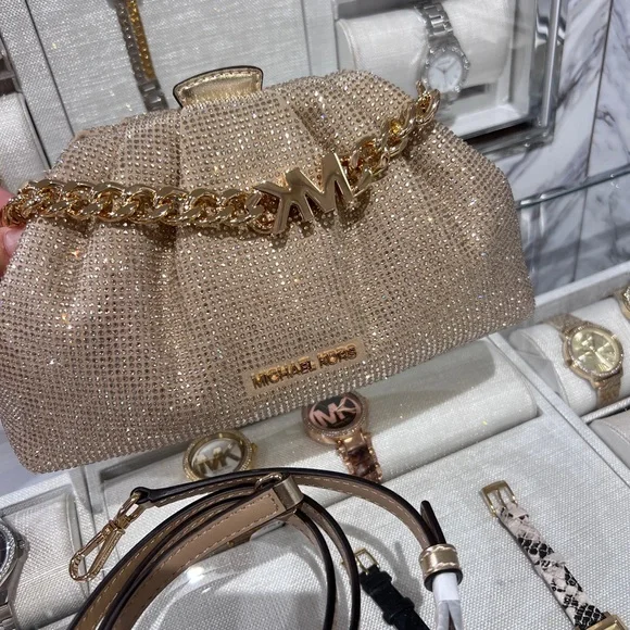 NWT MICHAEL MICHAEL KORS Nola Small Crystal Clutch Chain Crossbody pale gold - Picture 1 of 10